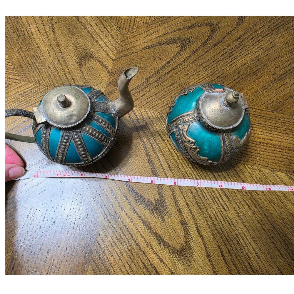 Vintage Moroccan Teal Ceramic Metal Filigree Teapot and Lidded Jar Set 2 Piece - Picture 8 of 9